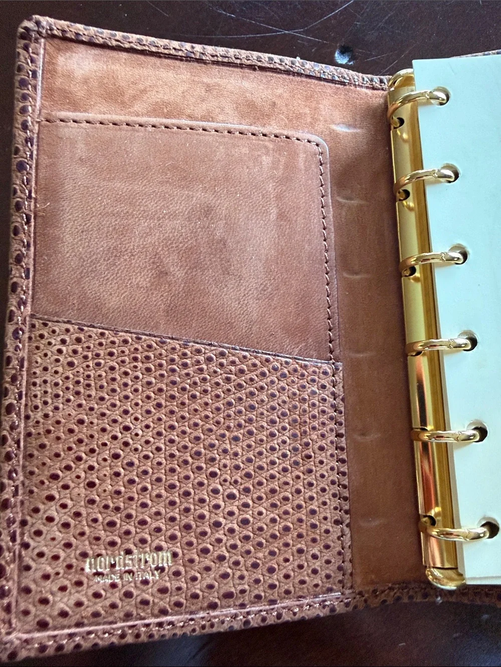 Brown Textured Leather Small 6 Ring Notebookwith Snap Closure